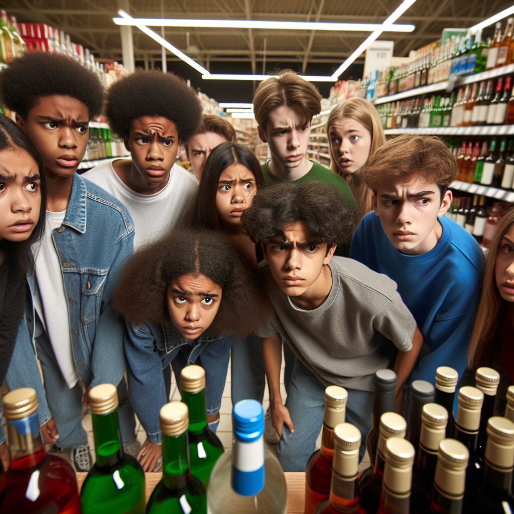 A concerned group of teenagers in a supermarket aisle looking at alcoholic beverages with a questioning expression. The atmosphere is tense and you can see rows of alcohol bottles in the background. The teenagers are looking around cautiously, reflecting a hidden yet apparent challenge that minors face in accessing alcohol.
