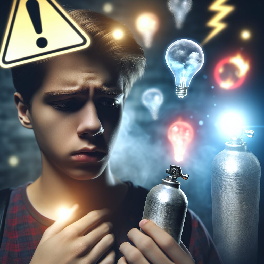Image d'un jeune tenant une cartouche de protoxyde d'azote avec une expression de confusion et des symboles pour représenter le danger (éclairs, exclamations) en arrière-plan. L'environnement est sombre pour souligner le sérieux de la situation, et des reflets lumineux pour illustrer les effets du gaz.