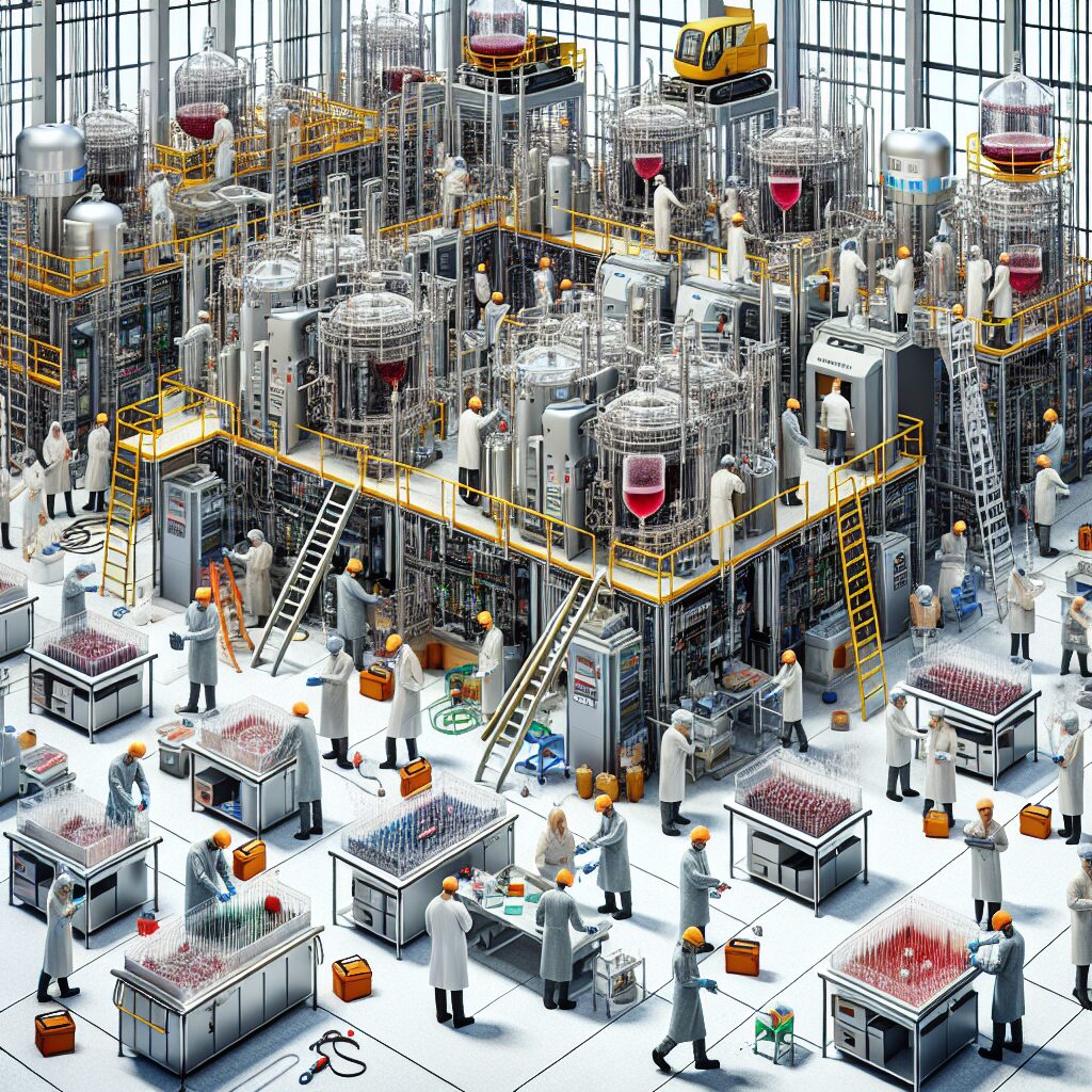 A modern pharmaceutical laboratory with an ongoing renovation, showing workers in protective suits managing plasma-derived medications.