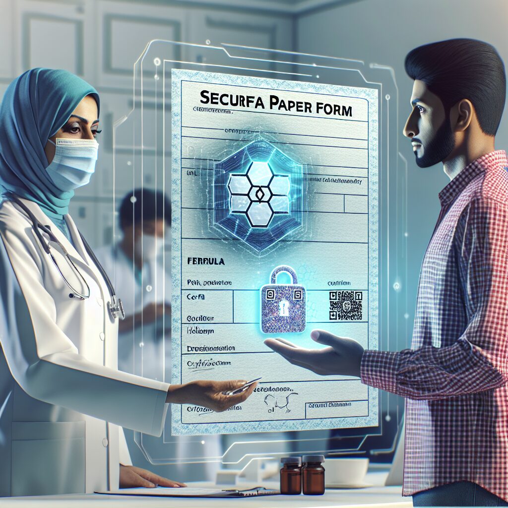 Illustration d'un formulaire Cerfa papier sécurisé avec hologramme et caractéristiques anti-fraude pour arrêts de travail, montrant un médecin remettant le formulaire à un patient dans un cabinet moderne, style réaliste et informatif.