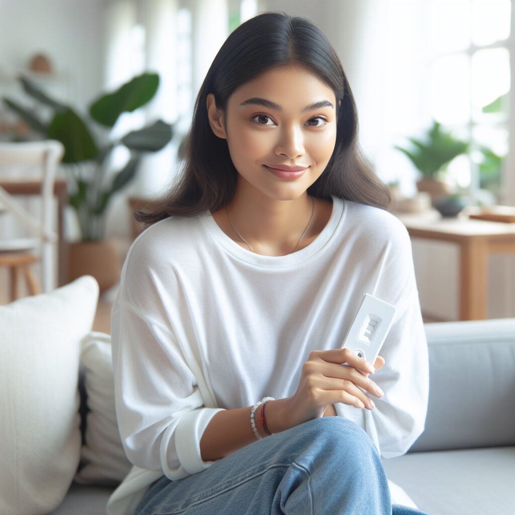Young woman at home, holding a discreet medical test kit, sitting comfortably in a living room, bright and clean interior, look of relief and health awareness, modern and friendly atmosphere.