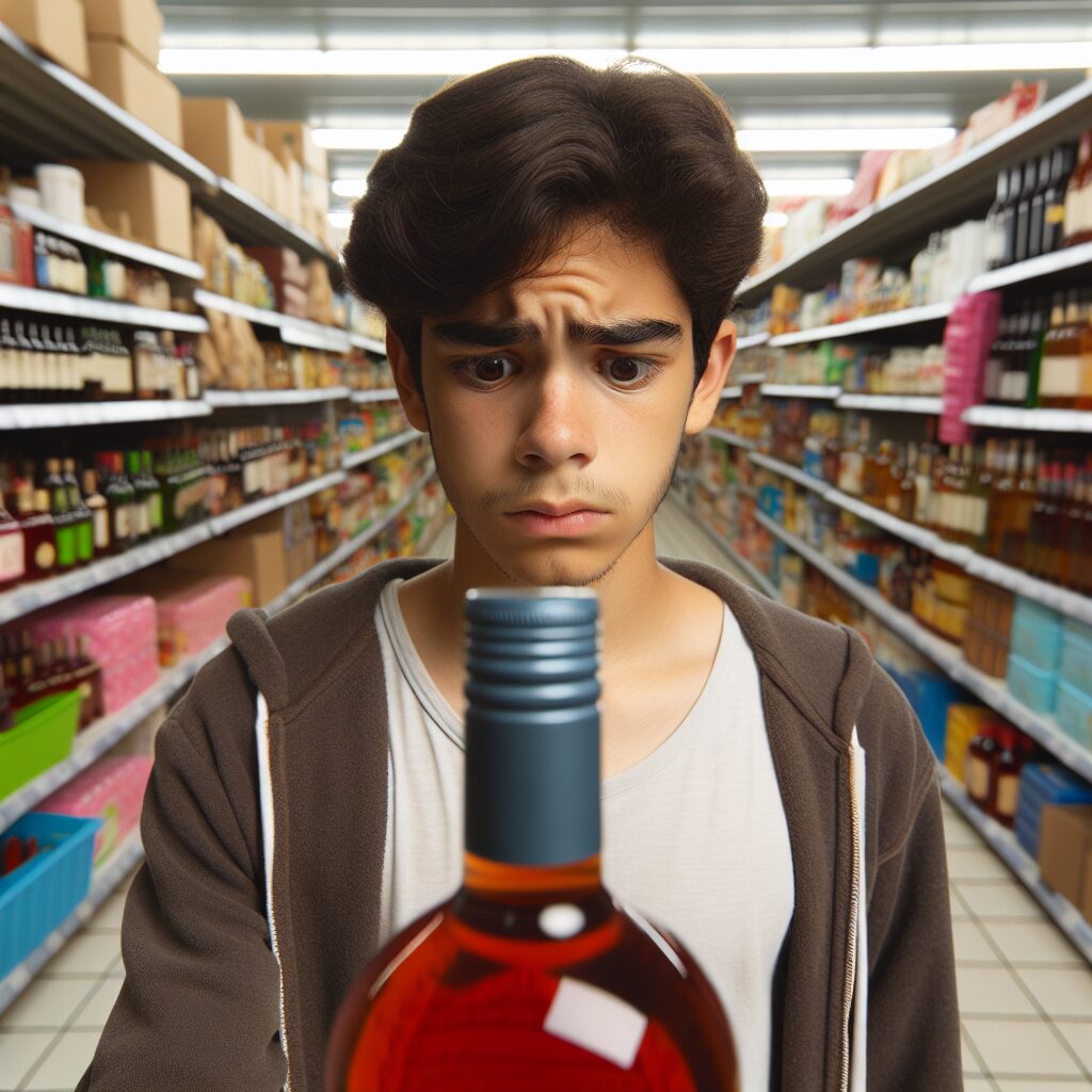 An illustrative image showing a teenager in a supermarket aisle reaching for an alcohol bottle, with a concerned expression. The background should depict a typical supermarket environment with colorful product displays.