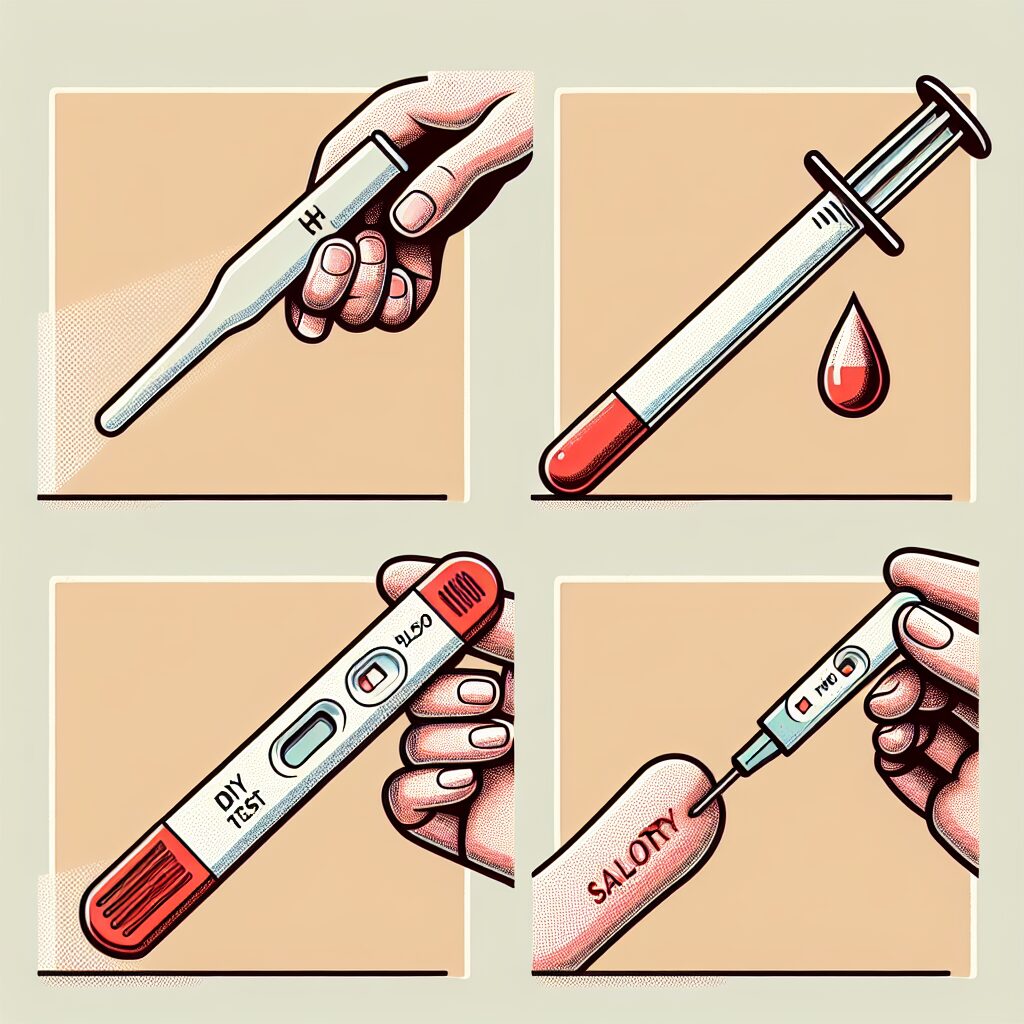 Une illustration montrant quatre types de tests de grossesse variés : urinaire, sanguin avec une seringue, autotest sanguin avec une goutte sur le doigt, et test salivaire, sur un fond neutre et médicalement professionnel.
