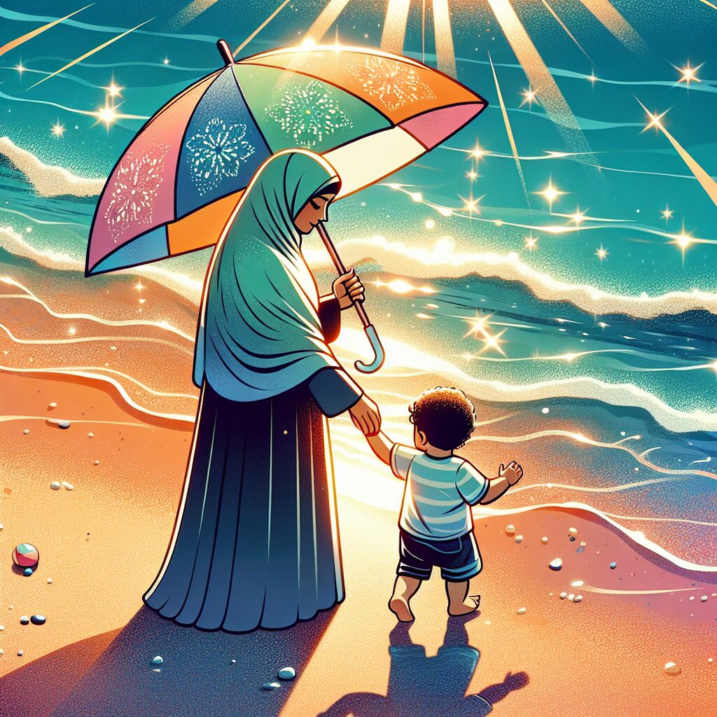 A protective parent holding a child's hand under a parasol at the beach during a hot summer day, emphasizing sun safety and hydration, with slight sunlight reflections and gentle waves in the background.