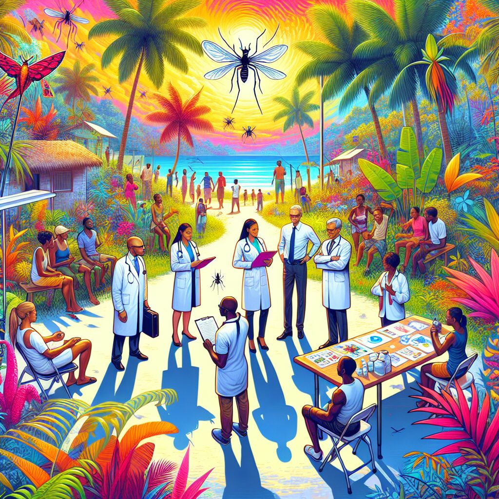 A tropical landscape in Reunion Island with elements symbolizing healthcare, such as medical professionals, protecting against mosquitoes, tropical environment, and public awareness campaigns.