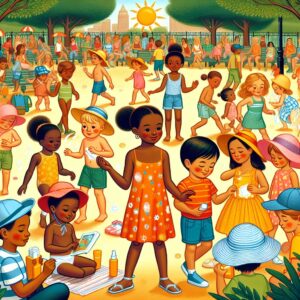 Illustration of children playing safely under the sun with hats and sunscreen in a park during a hot summer day, focusing on safety and prevention in a vibrant and educational style.