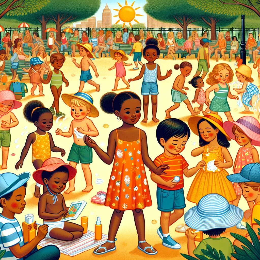 Illustration of children playing safely under the sun with hats and sunscreen in a park during a hot summer day, focusing on safety and prevention in a vibrant and educational style.