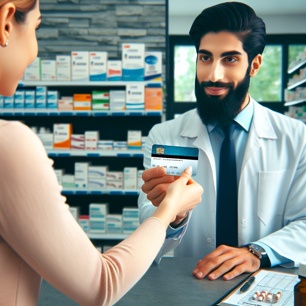 A detailed illustration of a person at a pharmacy counter handing over their Carte Vitale to the pharmacist. The setting should be inside a modern pharmacy with shelves of medicines visible in the background. The image should convey clarity and importance through the expressions of both the customer and the pharmacist, emphasizing the ease and necessity of using the Carte Vitale in healthcare transactions.