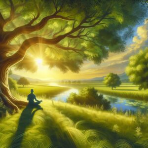 A serene summer scene illustrating mental well-being, with calm landscapes, a peaceful figure meditating under a tree, and gentle sunlight filtering through leaves, evoking a sense of tranquility and relaxation.