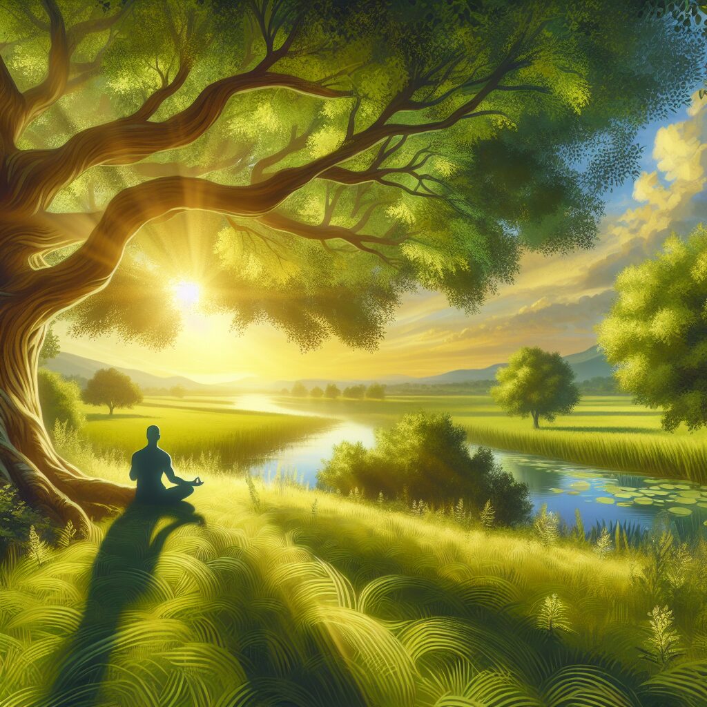 A serene summer scene illustrating mental well-being, with calm landscapes, a peaceful figure meditating under a tree, and gentle sunlight filtering through leaves, evoking a sense of tranquility and relaxation.