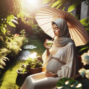 A pregnant woman sitting comfortably in a sunlit garden, wearing a wide-brimmed hat and light clothing, sipping water while gently shading herself with a parasol. Around her, lush greenery and a sense of summer heat, capturing a calm and protected summer atmosphere for an expectant mother.