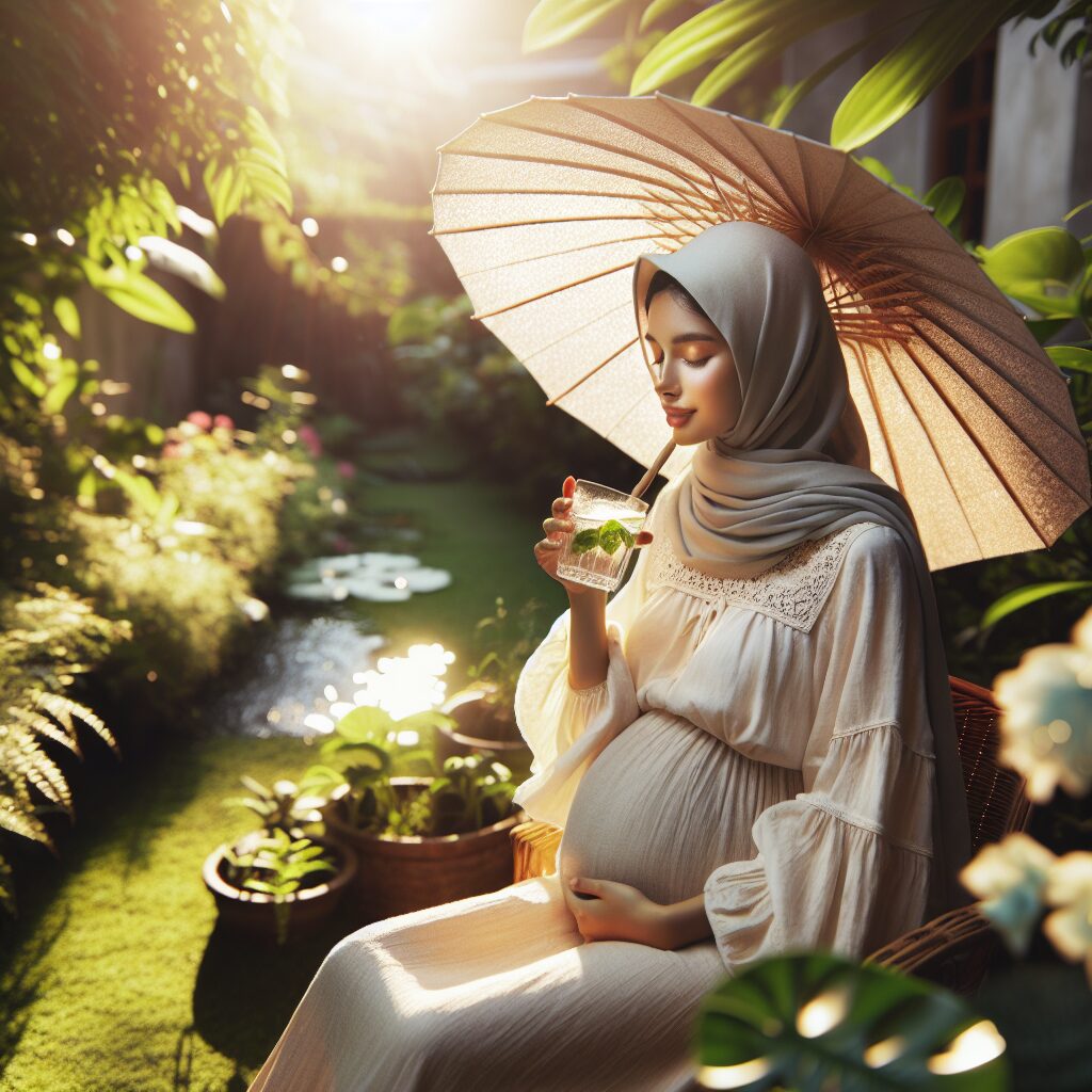 A pregnant woman sitting comfortably in a sunlit garden, wearing a wide-brimmed hat and light clothing, sipping water while gently shading herself with a parasol. Around her, lush greenery and a sense of summer heat, capturing a calm and protected summer atmosphere for an expectant mother.