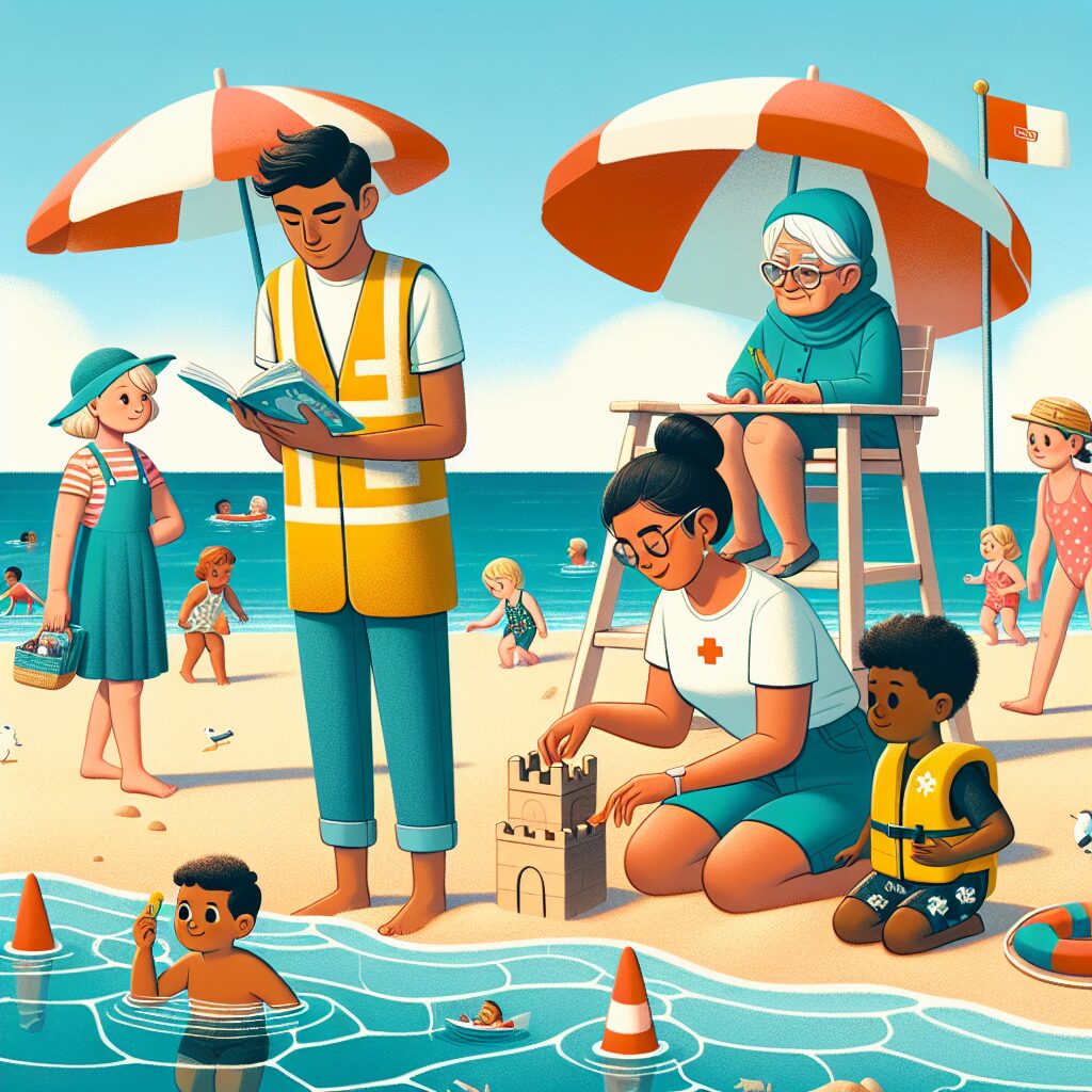 A sunny beach scene with families and children swimming in a calm sea, lifeguards watching over, and a variety of water safety gear visible like life vests and safety flags.