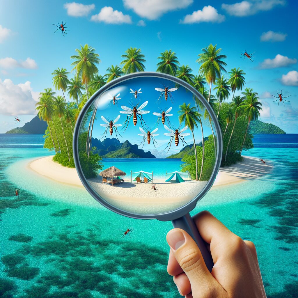 An image of a tropical island landscape with mosquitoes in the foreground, symbolizing the spread of chikungunya, highlighting alertness and the importance of prevention measures.