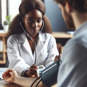 A close-up of a doctor measuring a patient's blood pressure using an electronic device, showcasing a calm and informative atmosphere in a medical office setting, emphasizing preventive healthcare measures.