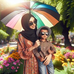 A caring parent using a colorful umbrella to shield their child from the intense sun in a park, while the child wears a sunhat and sunglasses. Surrounded by vibrant flowers and lush green trees, capturing the essence of a sunny summer day.