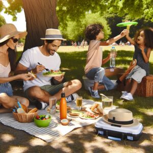 A serene and safe summer scene showing a family enjoying a picnic in a sunny park, children playing, and adults relaxing with a first aid kit nearby. Include elements like sunscreen, water bottles, and summer hats to convey health and safety.