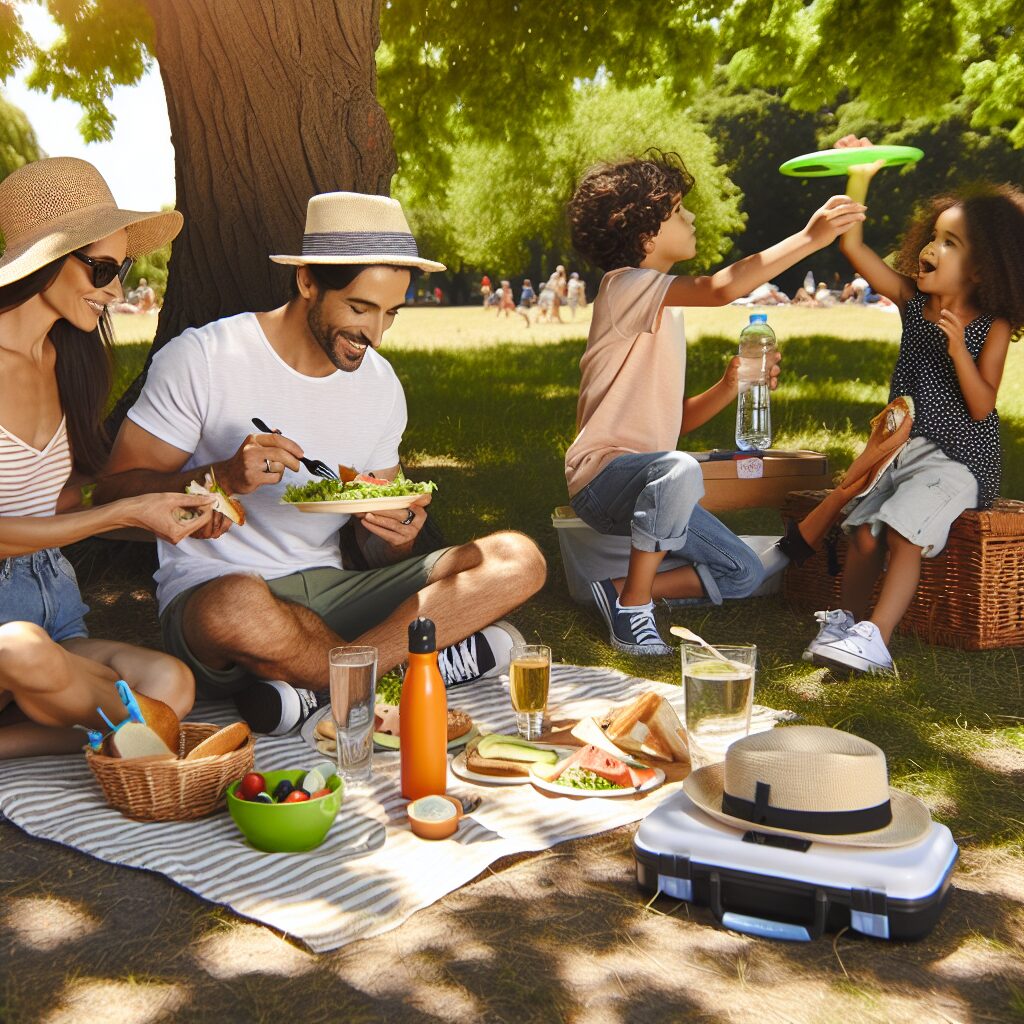 A serene and safe summer scene showing a family enjoying a picnic in a sunny park, children playing, and adults relaxing with a first aid kit nearby. Include elements like sunscreen, water bottles, and summer hats to convey health and safety.