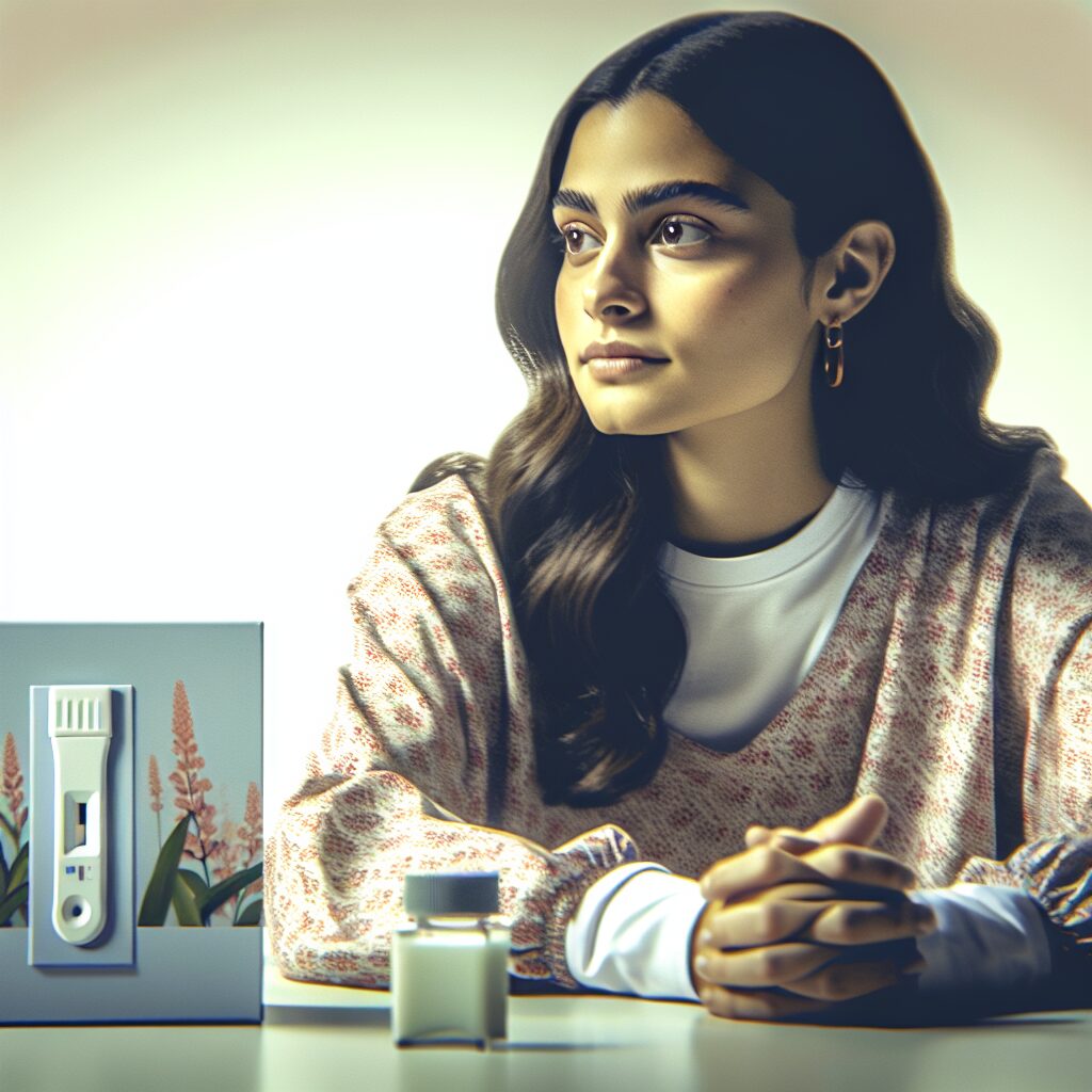 Une jeune femme de 20 ans dans un environnement moderne, regardant un kit de dépistage à domicile posé sur une table avec un air déterminé et confiant, lumière naturelle douce, style illustratif réaliste, couleurs pastel.