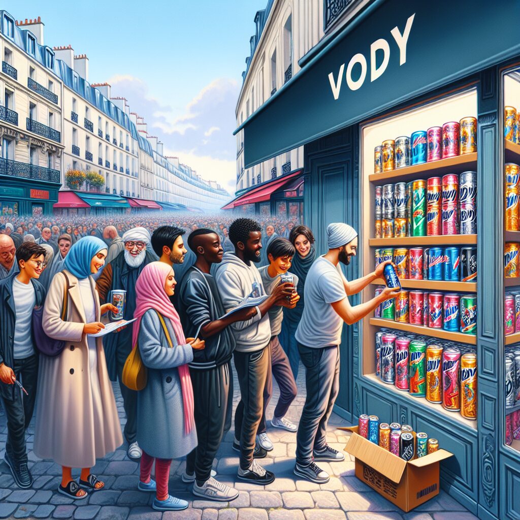A lively and colorful street scene in Paris, showcasing a vibrant corner shop with young people excitedly purchasing trendy beverage cans labeled 'Vody' against a backdrop of a bustling city life.