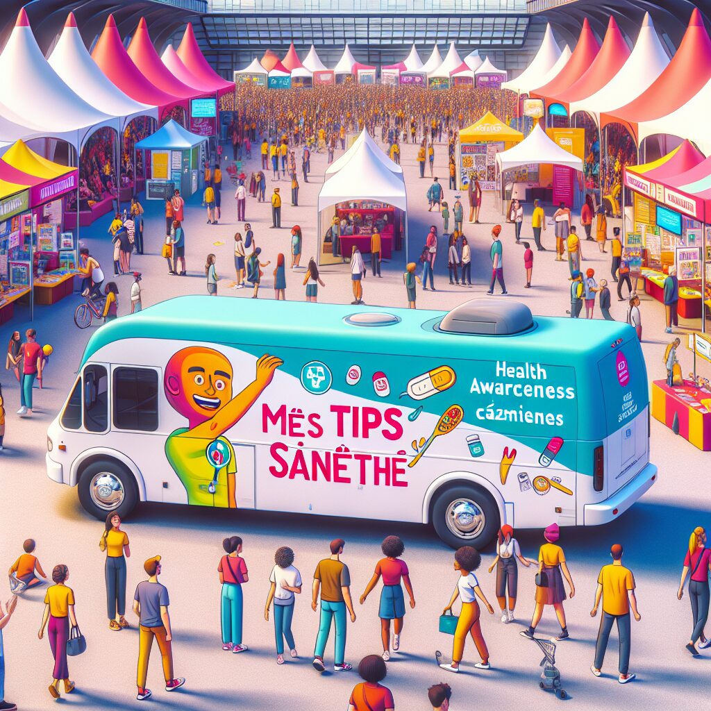 A vibrant scene depicting a colorful health awareness bus 'Mes tips santé' parked at a lively festival ground with young people engaging in various health-related activities and interactive games.