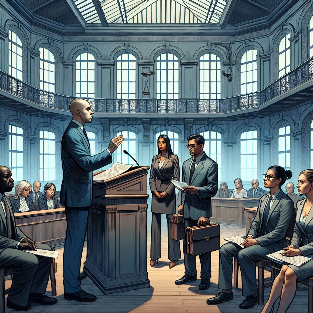 A courtroom scene showing a judge, lawyers, and defendants, all related to a case of healthcare fraud in a French dental clinic. The setting is solemn, with a focus on the gravity of the fraudulent acts.