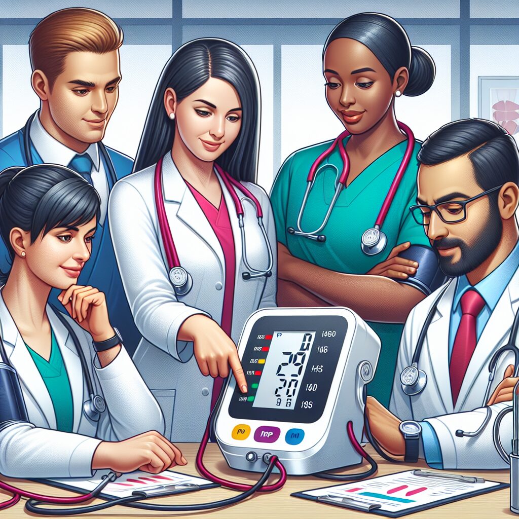 A digital illustration showing a diverse group of healthcare professionals examining a large digital blood pressure monitor, symbolizing early detection of hypertension. The scene should be colorful, engaging, and informative, conveying a sense of teamwork and medical technology.