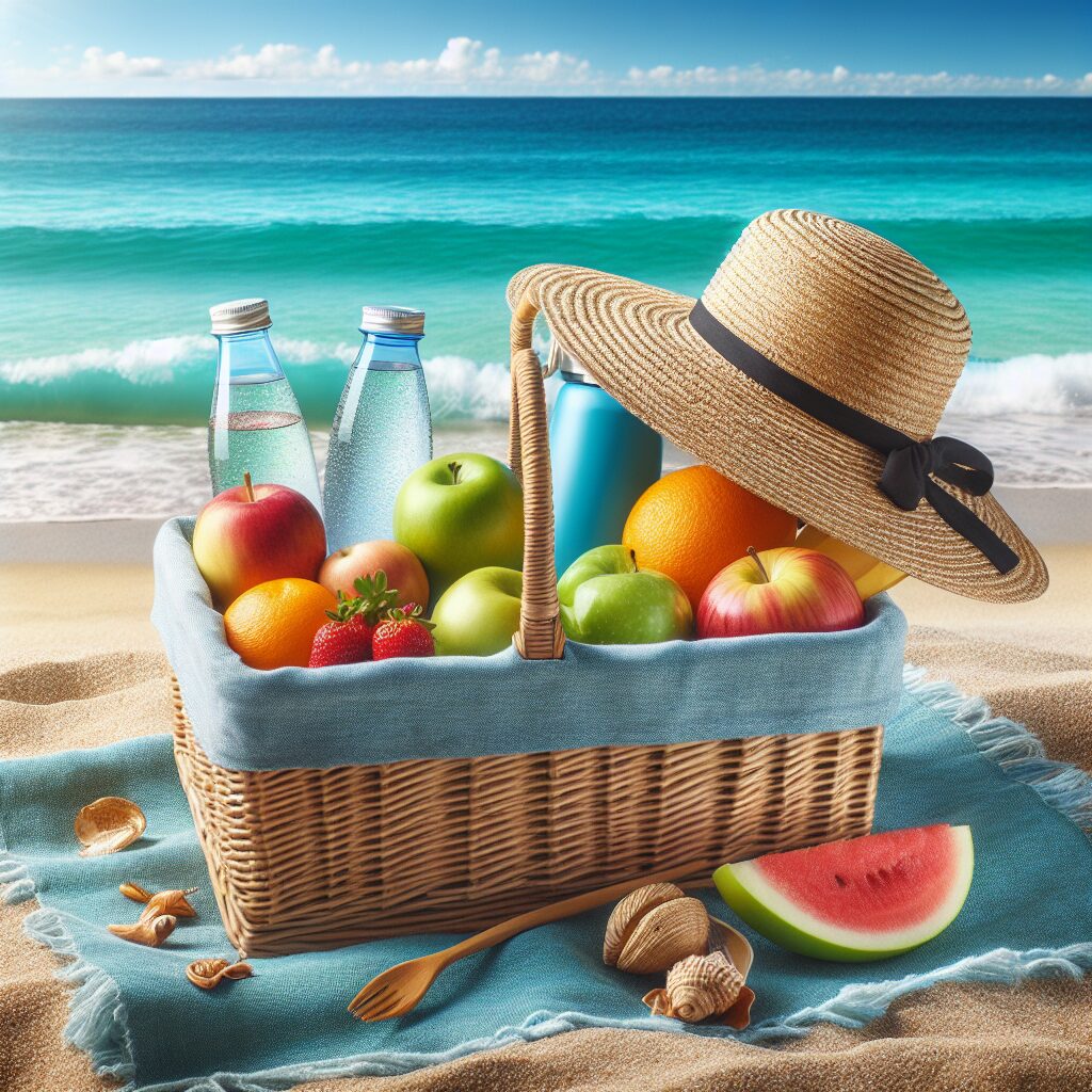 A serene summer beach scene with a picnic basket, showing healthy food items like fruits, a bottle of water, and a sunhat, symbolizing safe eating and health tips during vacations.