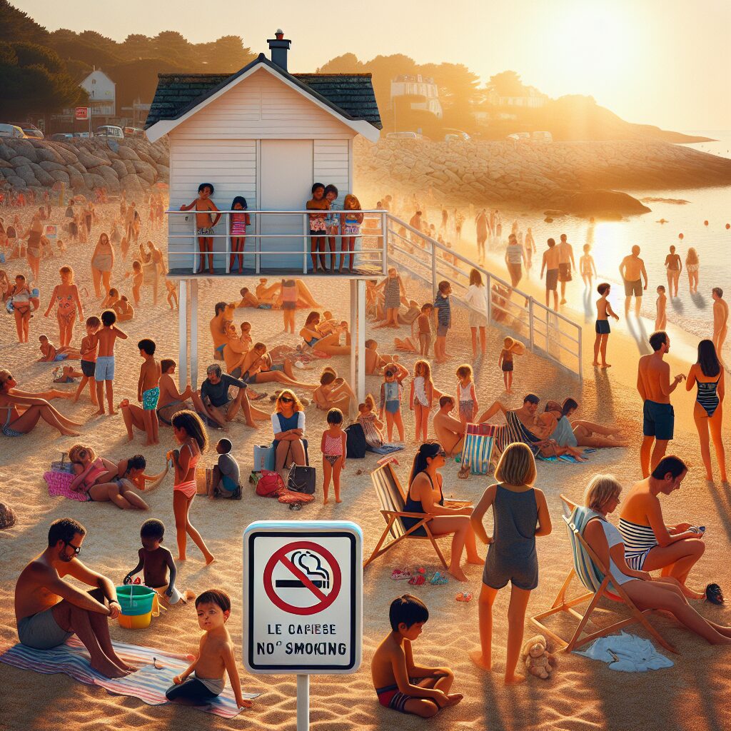 A picturesque French beach scene with a 'No Smoking' sign prominently displayed in the foreground. The beach is busy with families enjoying the sun, children playing, and adults lounging, while a lifeguard tower stands visible in the background, representing the new smoking ban in effect. The setting sun casts a warm glow over the scene, highlighting the contrast between leisure and regulation.