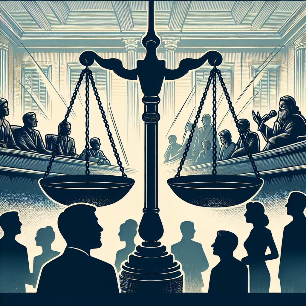 Illustration d'un tribunal en arrière-plan avec des silhouettes de ministres politiques et une balance de la justice en avant-plan, symbolisant une décision judiciaire.