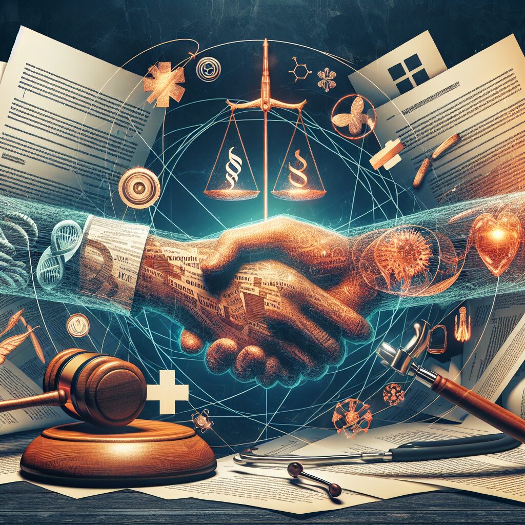 A symbolic image illustrating the concept of legal and health procedures after an accident, showing documents, a gavel, medical symbols, and a figurative handshake, representing agreement and resolution.
