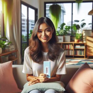 A young woman at home, smiling confidently, holding a discreet medical self-testing kit for sexually transmitted infections (STIs), in a bright and positive atmosphere, illustrating empowerment and health awareness.