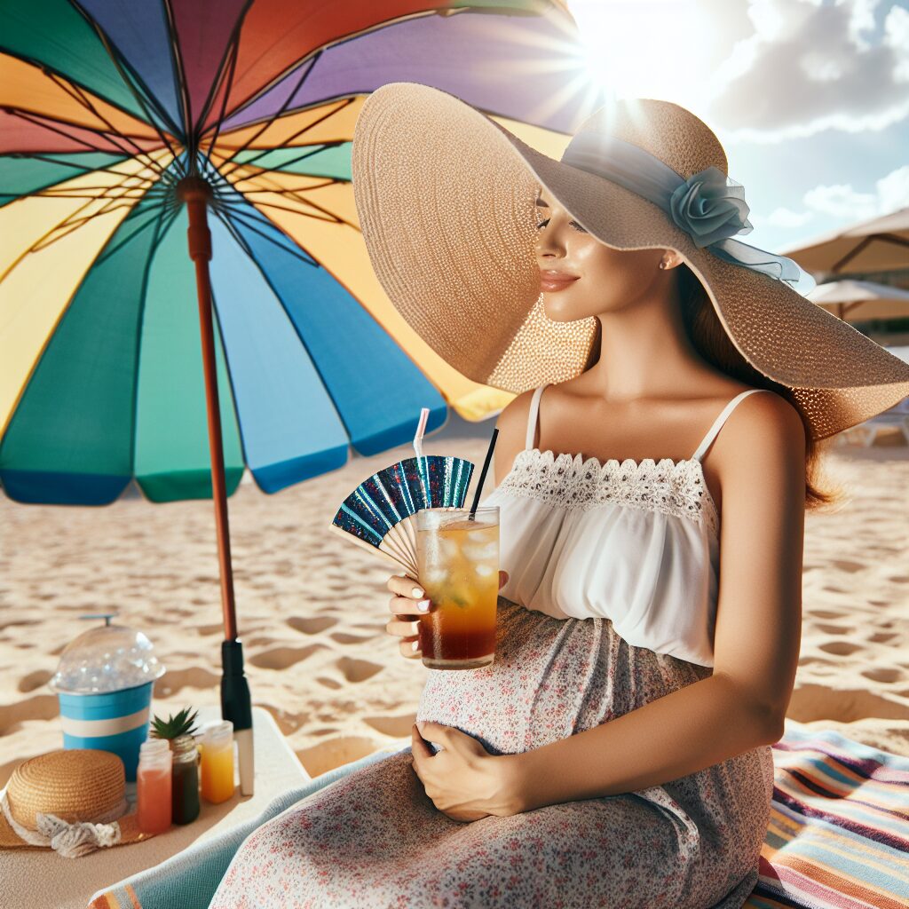 A pregnant woman with a broad-brimmed hat sitting under a beach umbrella on a sunny day, surrounded by a cool drink and a small hand fan, emphasizing summer heat precautions during pregnancy.