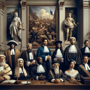 A courtroom scene in France, depicting a historical and solemn atmosphere, with French judges and ministers in a judicial setting.
