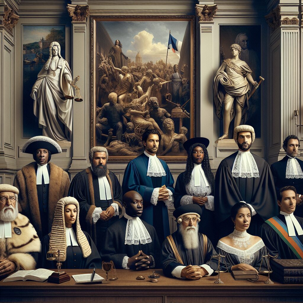 A courtroom scene in France, depicting a historical and solemn atmosphere, with French judges and ministers in a judicial setting.
