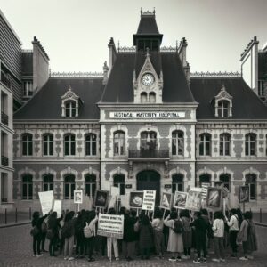 A historical maternity hospital with a vintage sign, surrounded by modern Parisian buildings. There are people protesting with banners about women's rights, highlighting a blend of historical and contemporary atmosphere.