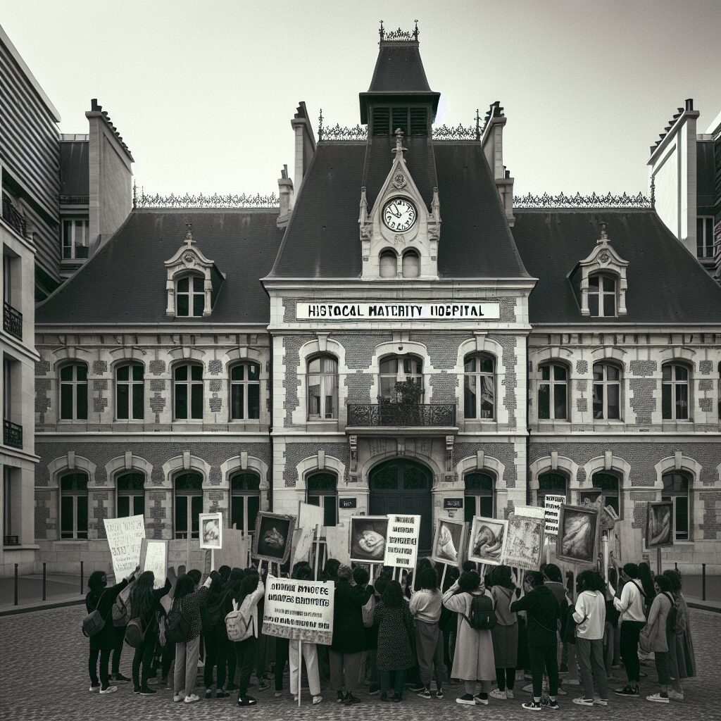 A historical maternity hospital with a vintage sign, surrounded by modern Parisian buildings. There are people protesting with banners about women's rights, highlighting a blend of historical and contemporary atmosphere.