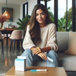 A young woman in her home, sitting comfortably with a discreet medical kit on her table, indicating a self-testing process for STIs. The environment is modern and bright, reflecting a positive health initiative.