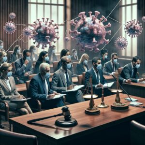 A group of serious government officials in a formal setting, discussing pandemic management strategies, surrounded by symbolic elements of justice like scales or gavels. The mood is contemplative and highlights the complexity of decision-making during a health crisis.