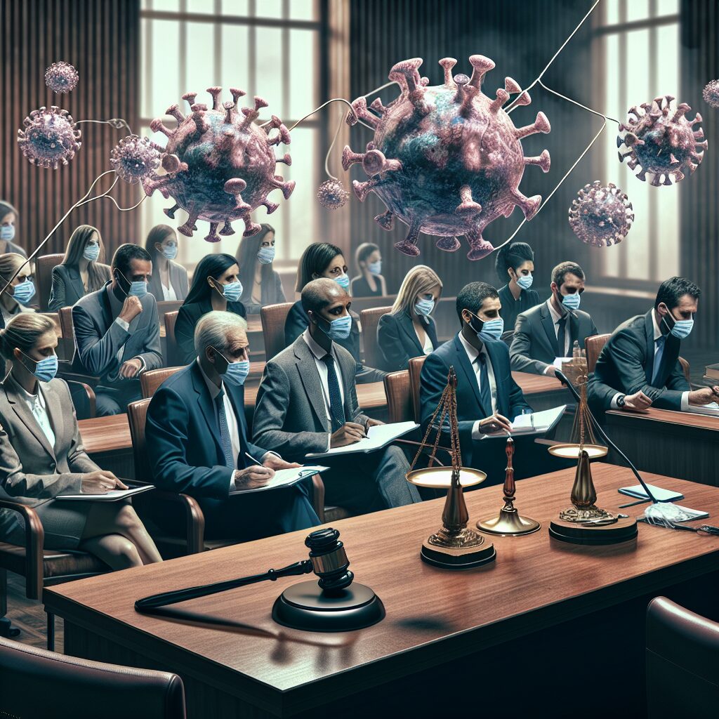 A group of serious government officials in a formal setting, discussing pandemic management strategies, surrounded by symbolic elements of justice like scales or gavels. The mood is contemplative and highlights the complexity of decision-making during a health crisis.
