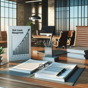 Un bureau moderne avec des documents administratifs sur la gestion des arrêts de travail, illustré par un graphique en hausse, symbolisant l'augmentation des arrêts de travail. Ambiance professionnelle et formelle, couleurs neutres.