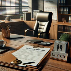 A workplace setting with an empty chair symbolizing absence due to sick leave. Documents labeled 'sick leave proposal' and a calendar marked with 'carence day' on a wooden desk, giving a sense of business and healthcare reform discussions.