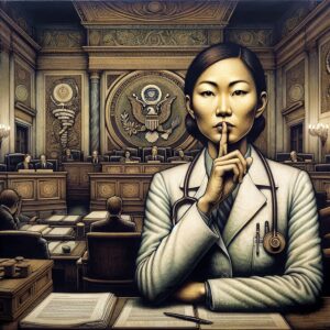 An illustration depicting a doctor in a formal setting, possibly in a governmental office, with an air of secrecy and confidentiality. The doctor appears guarded, refraining from speaking, with a backdrop of a congressional hearing environment, symbolizing the complexity and tension of political and medical ethics.