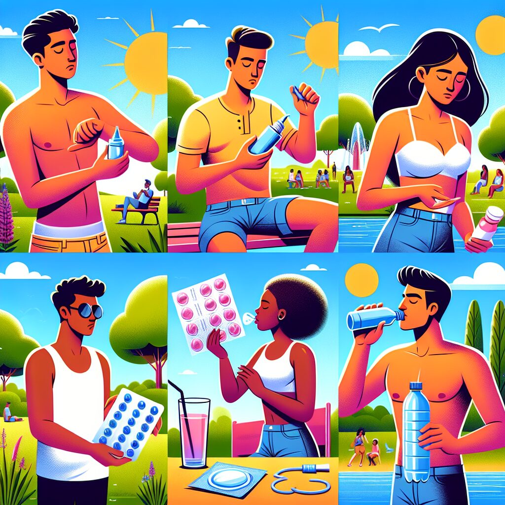 Bright sunny day with various summer health scenarios - people applying sunscreen, using condoms, taking allergy medicine, and drinking water, set in a vibrant park with lush greenery and a clear blue sky.