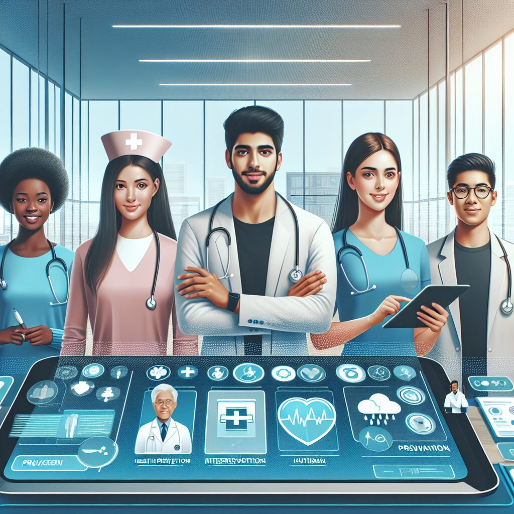 A modern and informative illustration of a digital health platform, showing a diverse group of healthcare professionals interacting with a dynamic, user-friendly interface that displays various health prevention programs and interventions. The setting is futuristic yet approachable, emphasizing technology and collaboration.