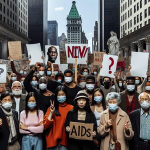 A protest scene in New York City with demonstrators holding signs against US funding cuts for HIV/AIDS programs. The atmosphere is tense, with diverse protesters of different ethnicities, some wearing masks symbolizing health advocacy, in front of iconic New York skyscrapers.