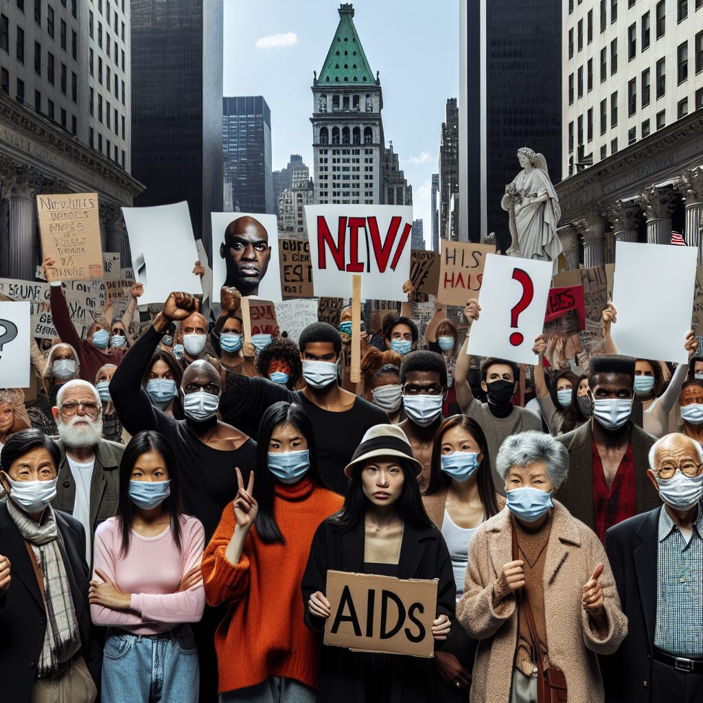 A protest scene in New York City with demonstrators holding signs against US funding cuts for HIV/AIDS programs. The atmosphere is tense, with diverse protesters of different ethnicities, some wearing masks symbolizing health advocacy, in front of iconic New York skyscrapers.