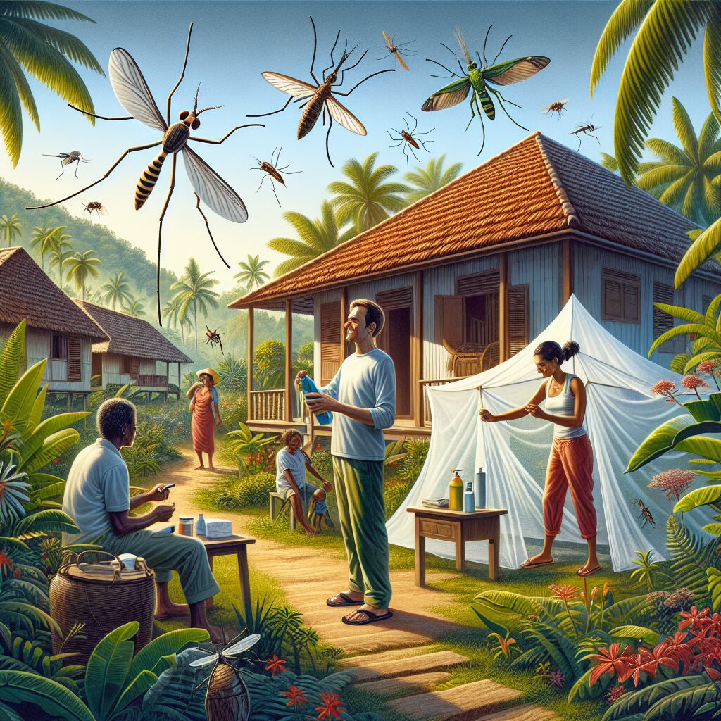 Illustration of a tropical setting in Réunion Island, with mosquitoes visibly present, representing the chikungunya epidemic. The scene should emphasize preventive measures like people wearing protective clothing and using mosquito nets.