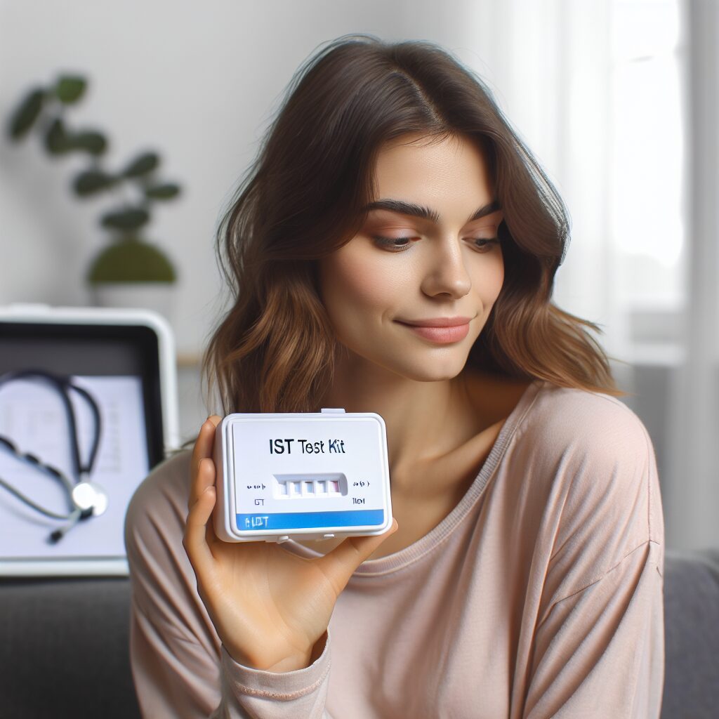 A young woman in a home setting, looking at a discreet medical kit labeled "IST Test Kit", appearing calm and reassured, with a subtle background hint of healthcare elements to emphasize the medical aspect.