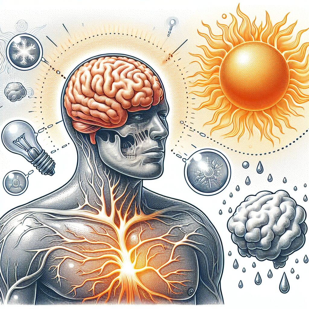 An illustration depicting a human brain being affected by heat, with visual elements showing blurred thought processes, sweat, and a sun in the background to symbolize a heatwave.